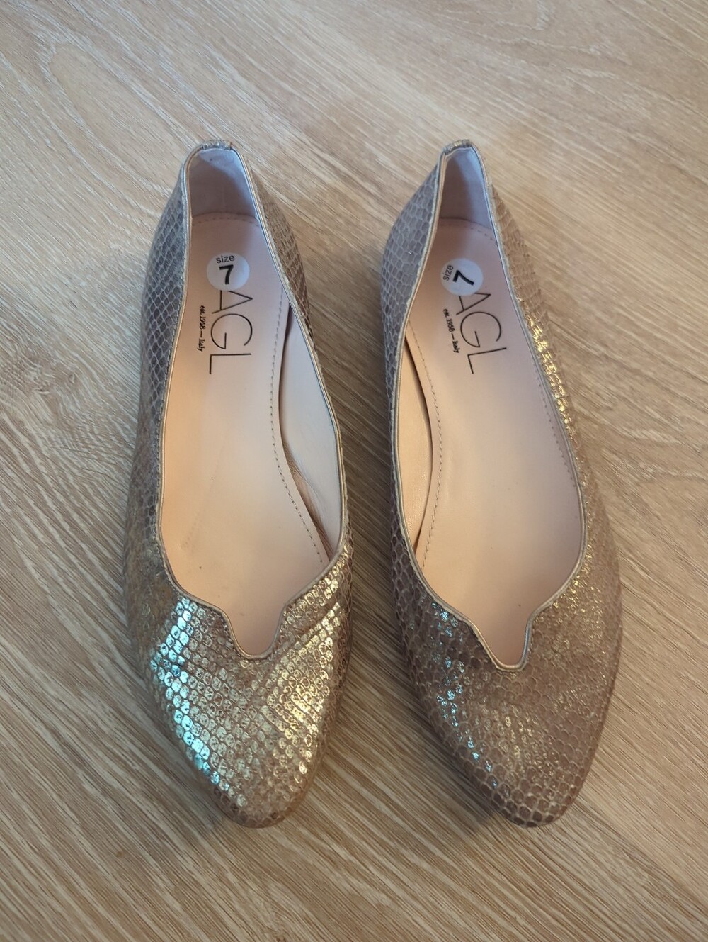 AGL Mimosa Ballet Flats in Snake Print Gold size 37.5 US 7 Italy $420 Shoes